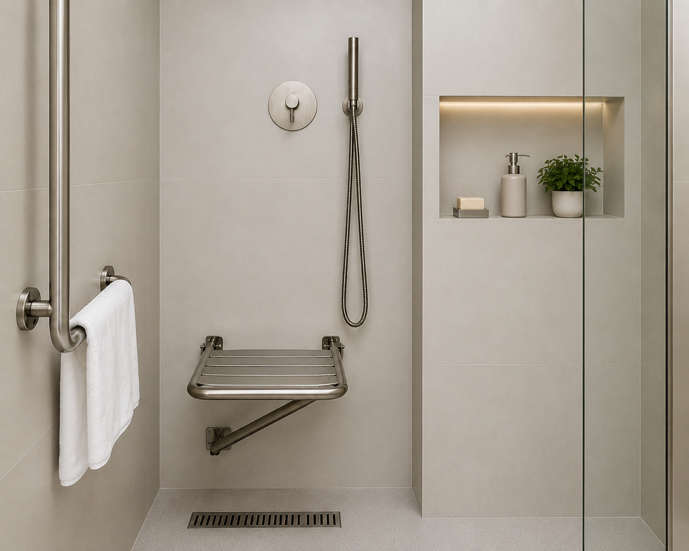 Baño accesible con asiento de ducha plegable